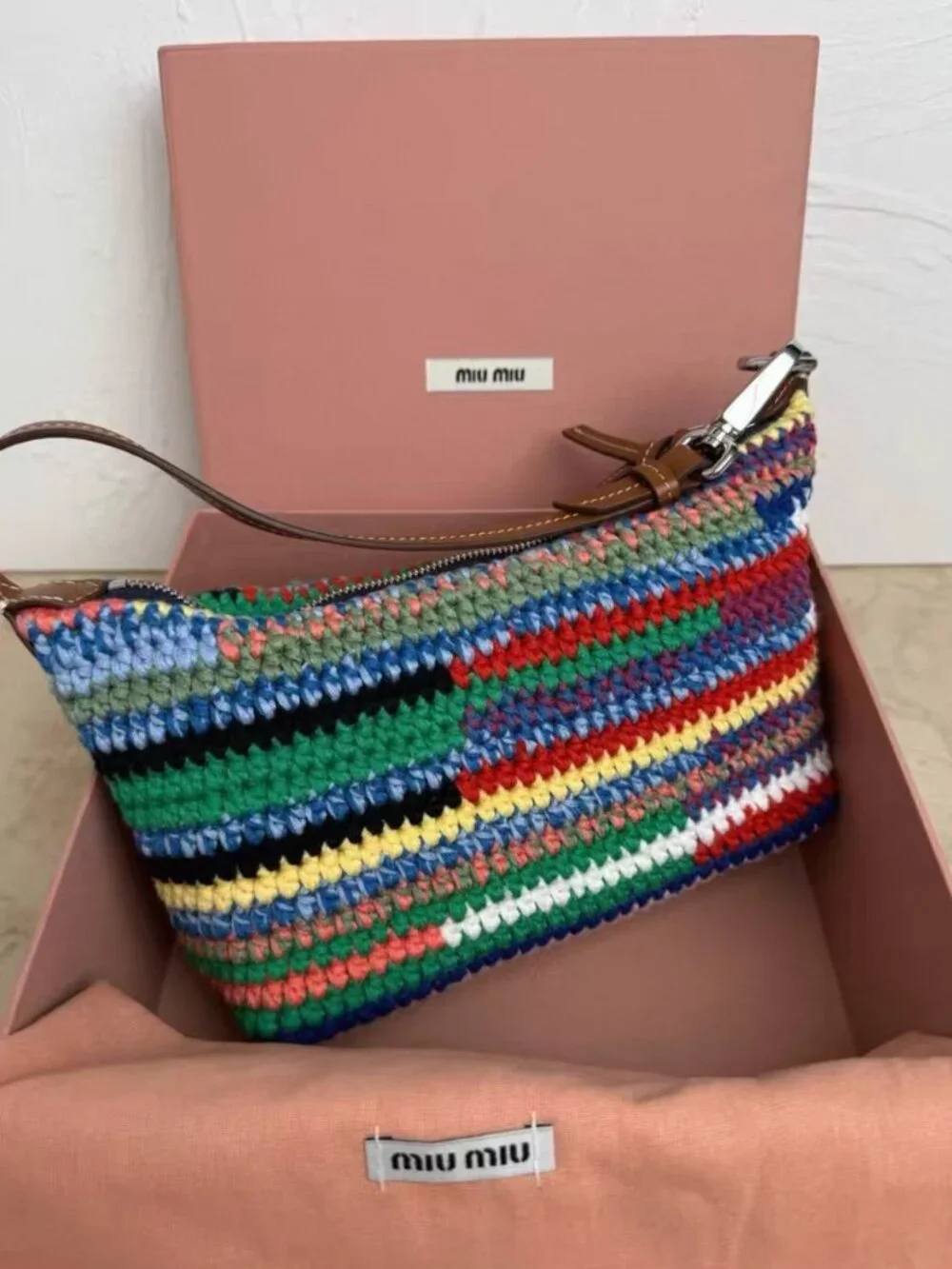 Miu Miu Rainbow Striped Hand Crochet Leather Strap Zip Hobo Shoulder Bag
